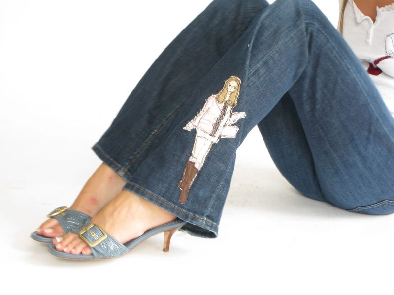 hand-sewn fashion illustration on the jean hem with kitten heels
