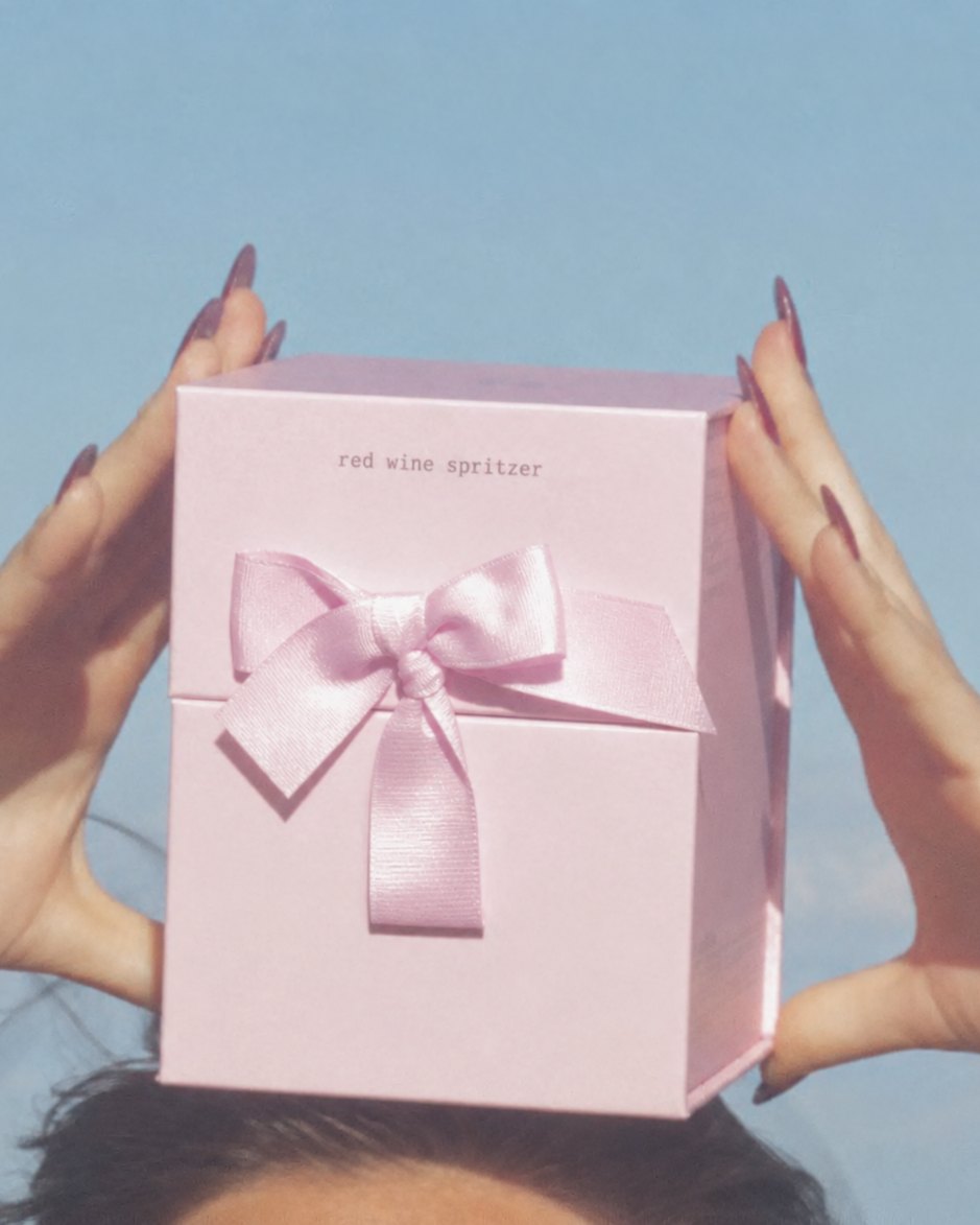 the pastel pink maison maxine gift box, tied with a ribbon, held up against a blue sky