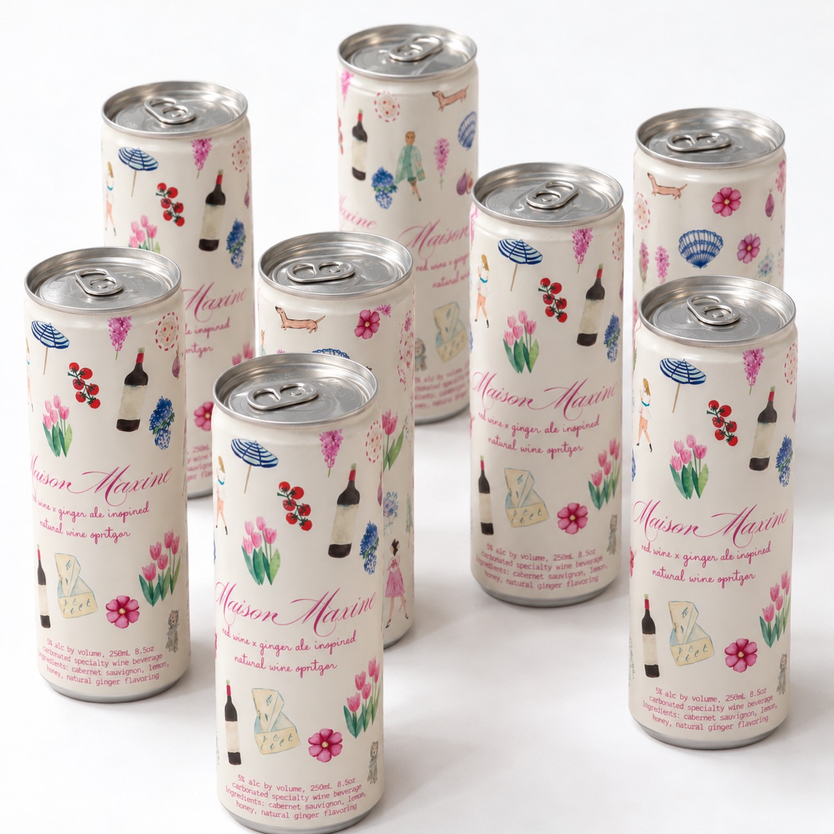 eight maison maxine red wine spritzer cans, hand-painted in watercolor with tulips, wine and seashells
